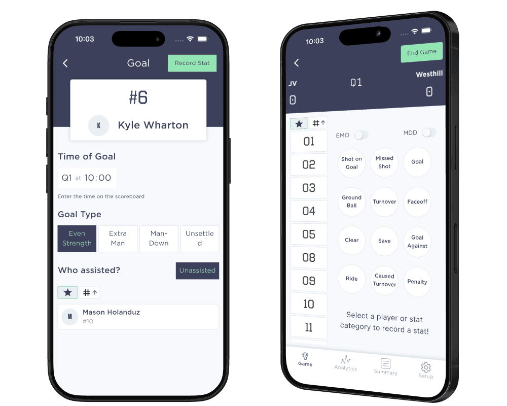 Men's lacrosse stat recording screen on SquadProfile