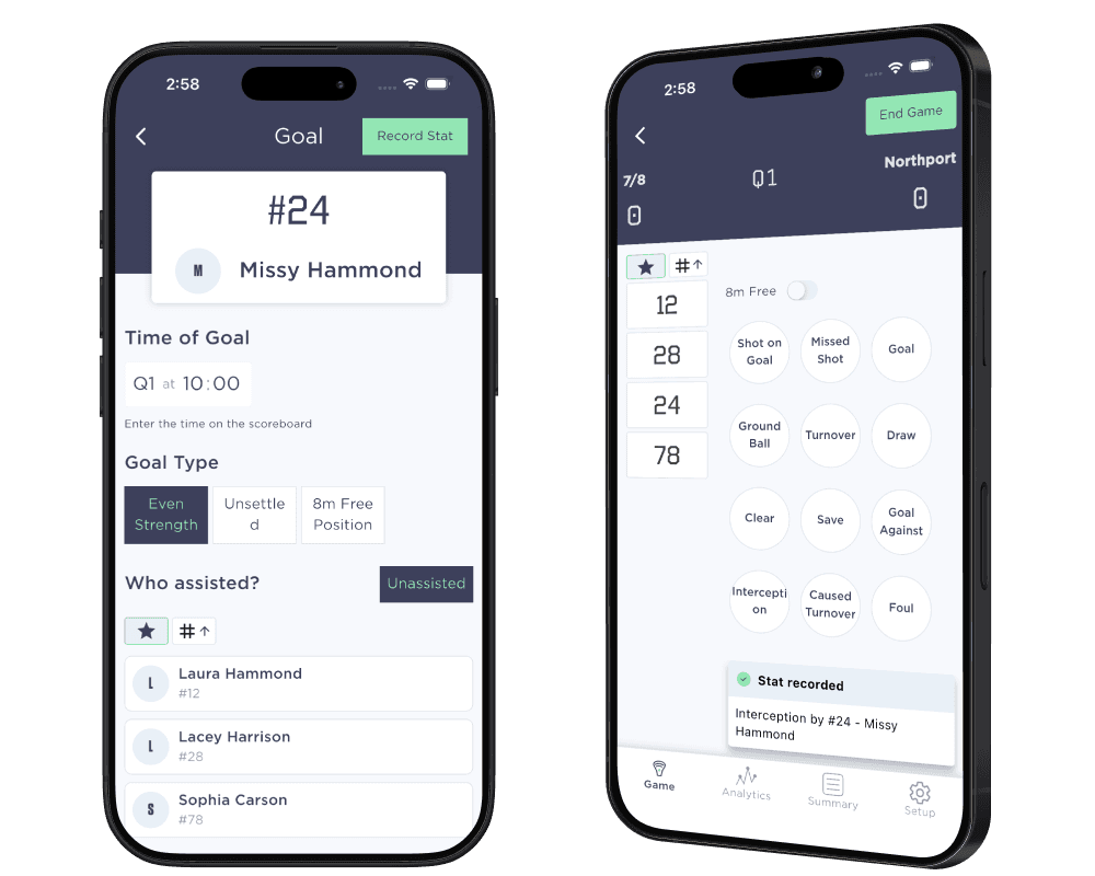 Women's lacrosse stat recording screen on SquadProfile