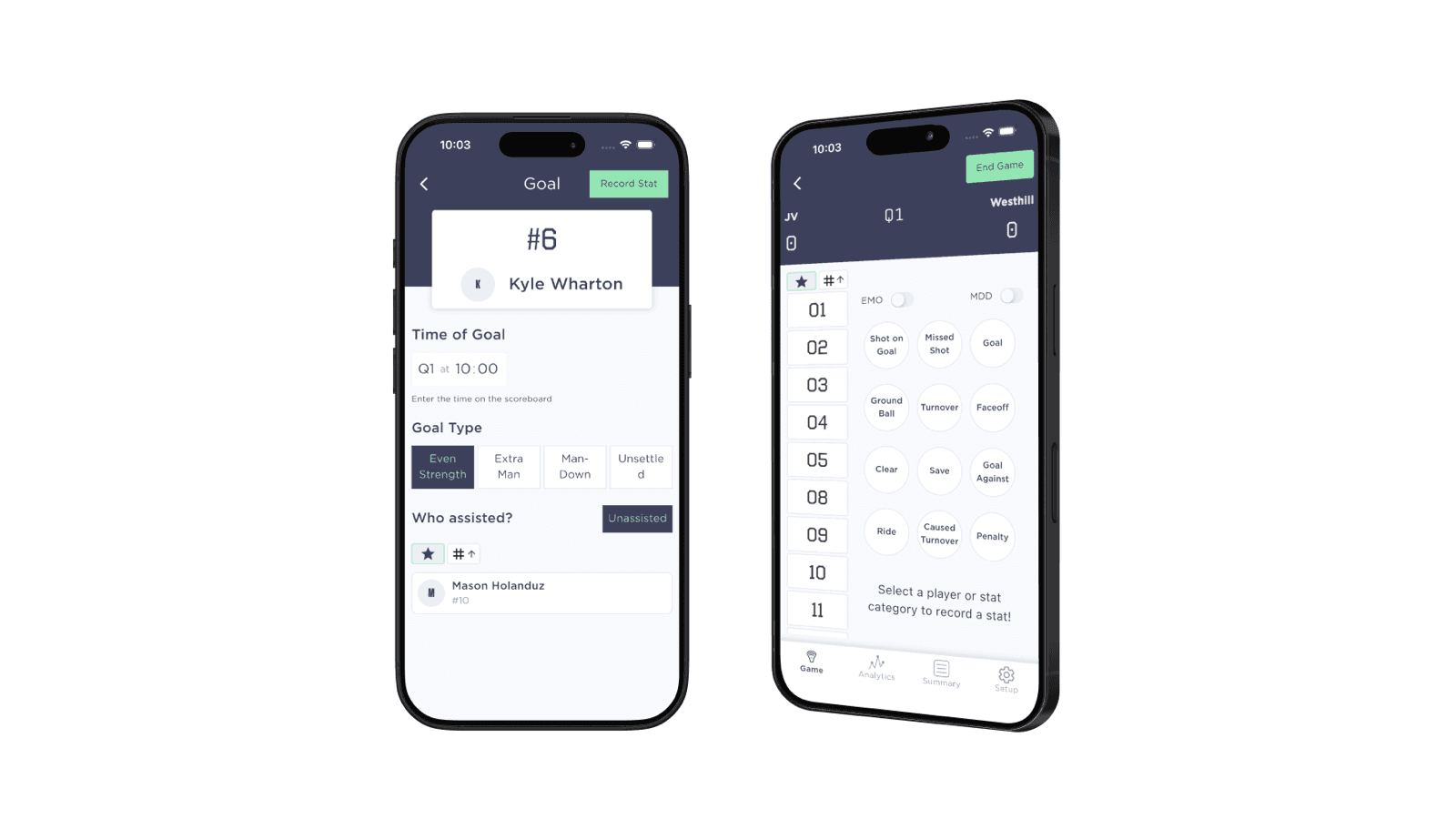 Lacrosse stat screen with player numbers, stat buttons, and the assist picker for a goal